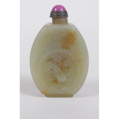 288 - A Chinese celadon jade snuff bottle decorated with objects of virtue and a figure, carved mark to ba... 