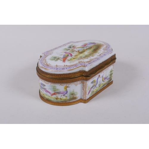 29 - A hand painted porcelain trinket box with ormolu mounts, bears red Sevres mark to base, 16 x 10cm, 6... 
