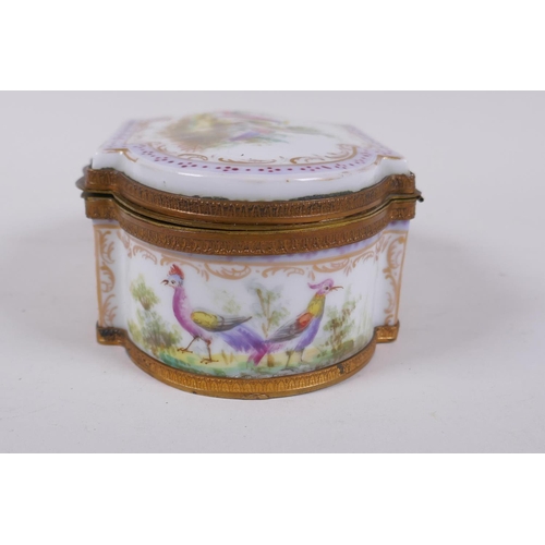 29 - A hand painted porcelain trinket box with ormolu mounts, bears red Sevres mark to base, 16 x 10cm, 6... 