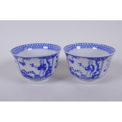 290 - A pair of late C19th/early C20th Chinese blue and white bowls with floral decoration, a pair of blue... 