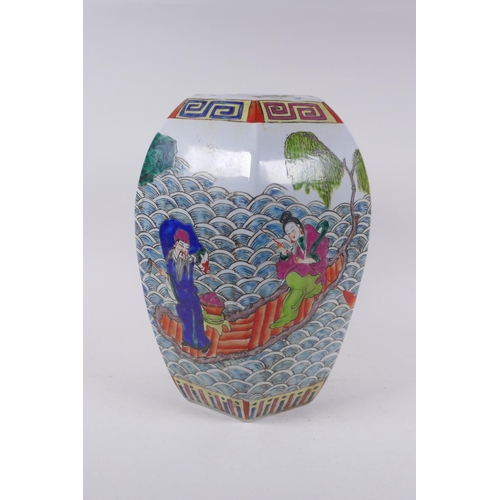 291 - A Chinese polychrome porcelain vase of hexagonal form, decorated with the eight immortals, 31cm high