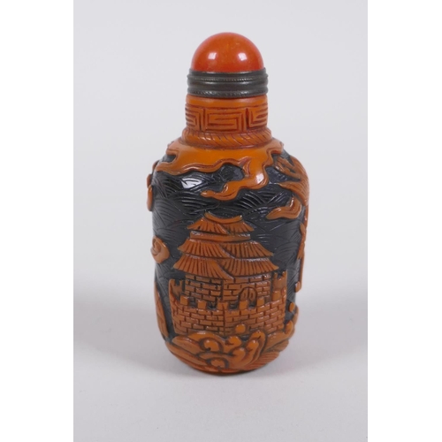 293 - A Chinese Peking glass snuff bottle with raised decoration of crane and bats in a landscape, 7cm hig... 