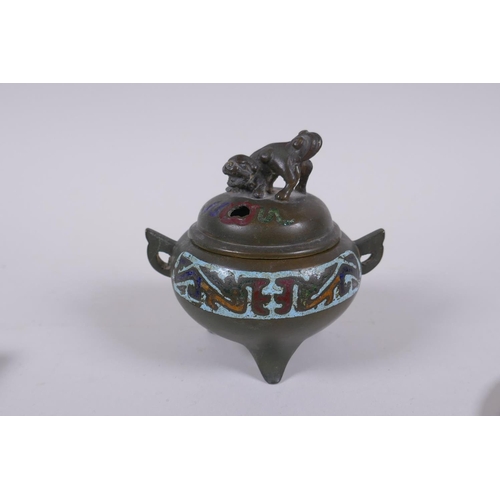 295 - A Chinese bronze two handled censer and cover on tripod supports, with cloisonne decoration and kyli... 