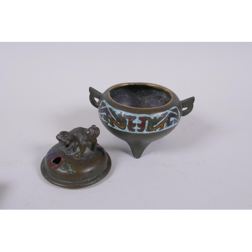 295 - A Chinese bronze two handled censer and cover on tripod supports, with cloisonne decoration and kyli... 