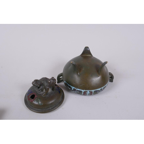 295 - A Chinese bronze two handled censer and cover on tripod supports, with cloisonne decoration and kyli... 