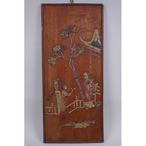 316 - An antique Chinese hardwood panel with inlaid hardstone figural decoration, 20 x 46cm