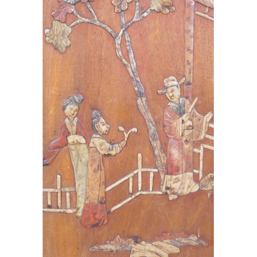 316 - An antique Chinese hardwood panel with inlaid hardstone figural decoration, 20 x 46cm