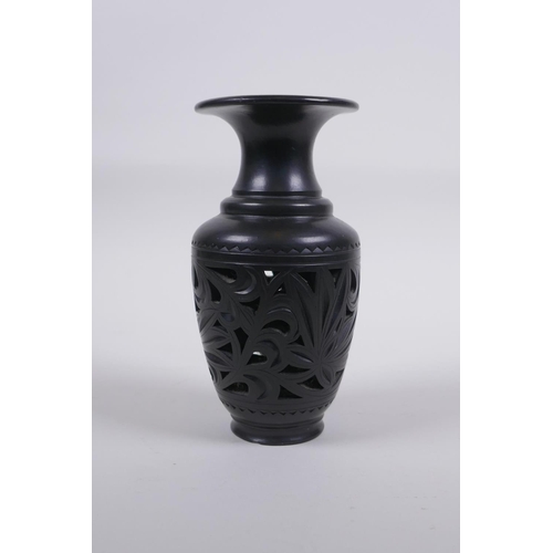 317 - A Chinese black ground YiXing reticulated vase, impressed marks to base, 15cm high