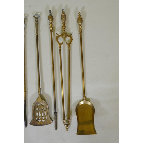 321 - A set of three brass Empire style fire irons and a quantity of other fire irons including a wrought ... 