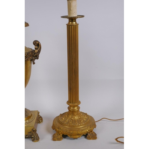 327 - An ormolu fluted column table lamp, a gilt metal table lamp in the form of an urn, a gilt metal figu... 