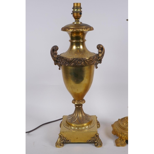 327 - An ormolu fluted column table lamp, a gilt metal table lamp in the form of an urn, a gilt metal figu... 