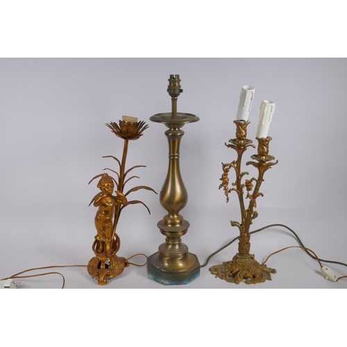 327 - An ormolu fluted column table lamp, a gilt metal table lamp in the form of an urn, a gilt metal figu... 