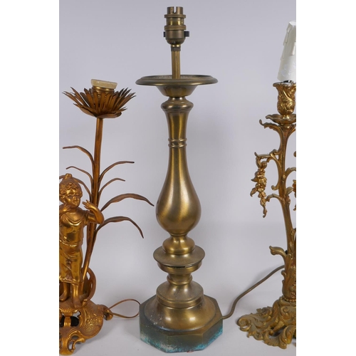 327 - An ormolu fluted column table lamp, a gilt metal table lamp in the form of an urn, a gilt metal figu... 