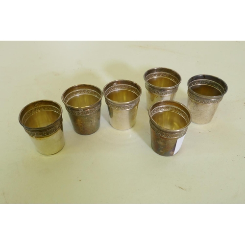 606 - A set of six antique French silver shot beakers, 4cm high, 58g gross