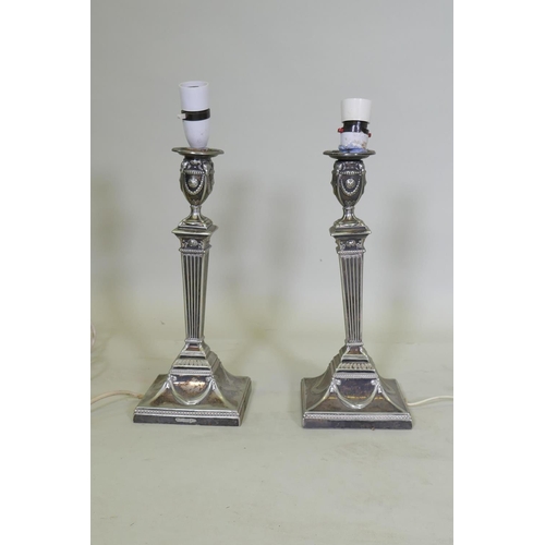 609 - A pair of Walker & Hall silver plated candlesticks, converted to electricity, and a quantity of ... 