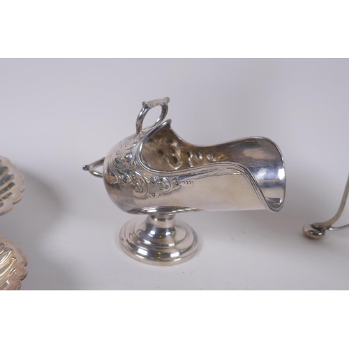 623 - A quantity of silver plate including a coffee pot and stand, skewers, coal scuttle shaped condiment ... 