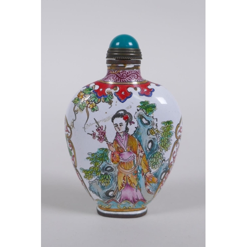 63 - A Canton enamel snuff bottle decorated with women in a landscape, Chinese Qianlong 4 character mark ... 