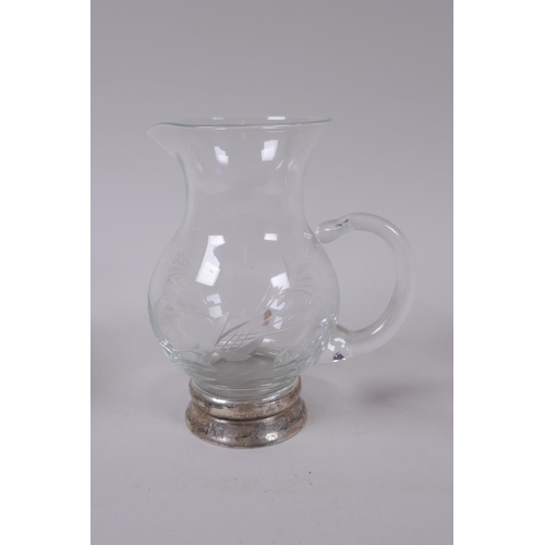 630 - A collection of silver and white metal mounted glass vases and dishes, largest 16cm diameter