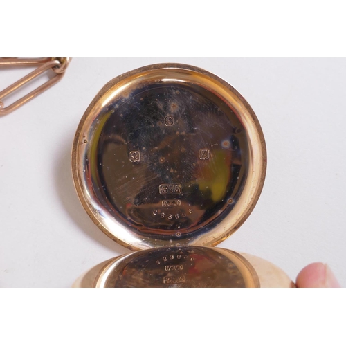 632 - A 9ct gold half hunter pocket watch, the Dennison watch case numbered 283666, Birmingham, 1924, 96.7... 