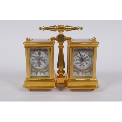 635 - An ormolu and Sevres style porcelain twin carriage clock and barometer, the dials decorated with flo... 