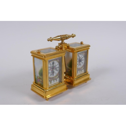 635 - An ormolu and Sevres style porcelain twin carriage clock and barometer, the dials decorated with flo... 