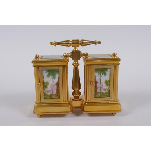 635 - An ormolu and Sevres style porcelain twin carriage clock and barometer, the dials decorated with flo... 