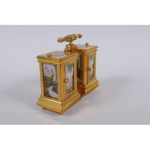 635 - An ormolu and Sevres style porcelain twin carriage clock and barometer, the dials decorated with flo... 