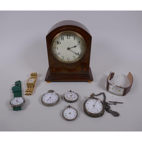 638 - A mahogany cased Swiss mantel clock by Buren, three silver cased pocket watches and another, all AF,... 