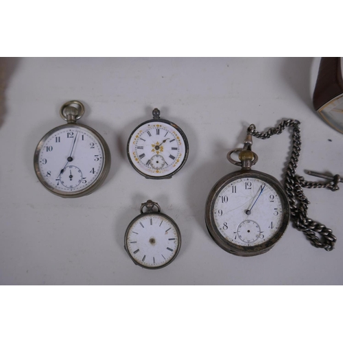 638 - A mahogany cased Swiss mantel clock by Buren, three silver cased pocket watches and another, all AF,... 