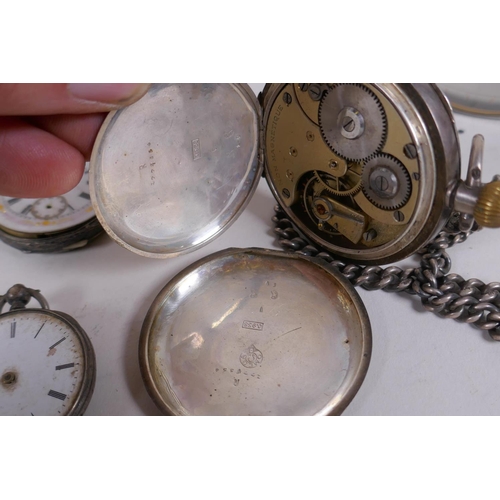 638 - A mahogany cased Swiss mantel clock by Buren, three silver cased pocket watches and another, all AF,... 