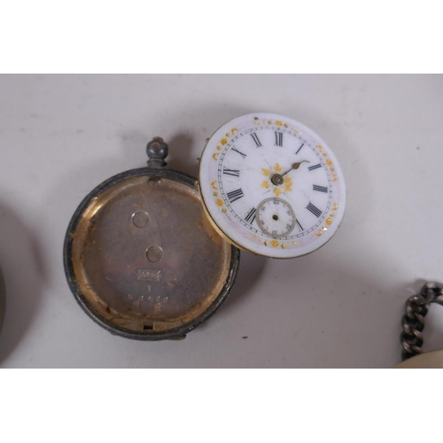 638 - A mahogany cased Swiss mantel clock by Buren, three silver cased pocket watches and another, all AF,... 