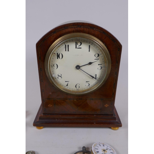 638 - A mahogany cased Swiss mantel clock by Buren, three silver cased pocket watches and another, all AF,... 