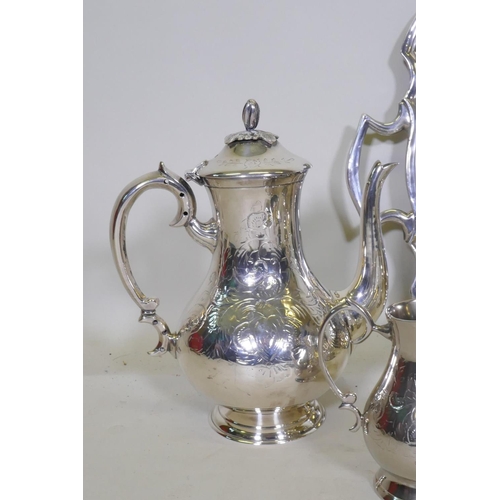 643 - A good quantity of silver plated wares, a shaped tray, four piece tea set, centrepiece etc, tray 27c... 