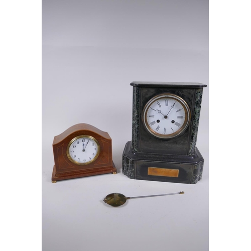 645 - A C19th marble and slate mantel clock, the enamel dial with Roman numerals, the French movement stri... 