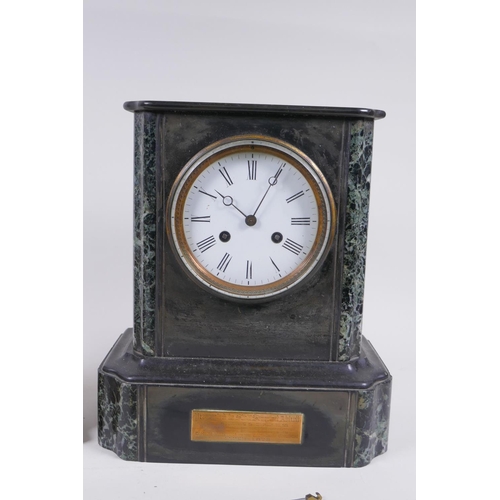 645 - A C19th marble and slate mantel clock, the enamel dial with Roman numerals, the French movement stri... 