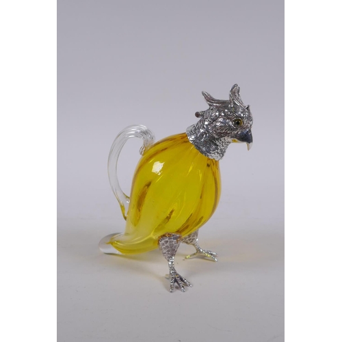 646 - A silver plated and yellow glass cockatoo claret jug, 15cm high