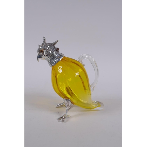 646 - A silver plated and yellow glass cockatoo claret jug, 15cm high