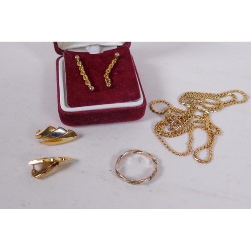 647 - An 18ct gold chain, 63cm long, 11.4g and two pair of 9ct gold earrings, 3g and a gold ring, 1.9g