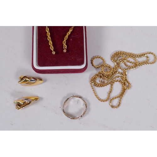 647 - An 18ct gold chain, 63cm long, 11.4g and two pair of 9ct gold earrings, 3g and a gold ring, 1.9g