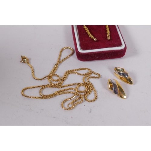 647 - An 18ct gold chain, 63cm long, 11.4g and two pair of 9ct gold earrings, 3g and a gold ring, 1.9g