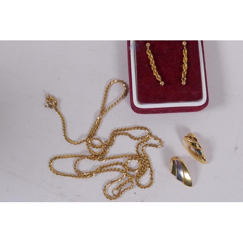 647 - An 18ct gold chain, 63cm long, 11.4g and two pair of 9ct gold earrings, 3g and a gold ring, 1.9g