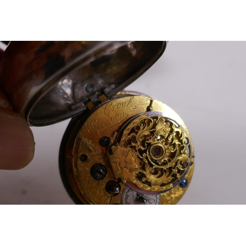 650 - C18th silver cased fusee pocket watch, the movement inscribed Thos. Crook, London, the enamel dial w... 