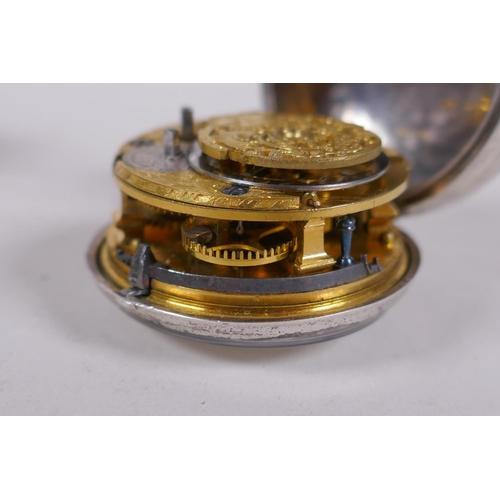 650 - C18th silver cased fusee pocket watch, the movement inscribed Thos. Crook, London, the enamel dial w... 