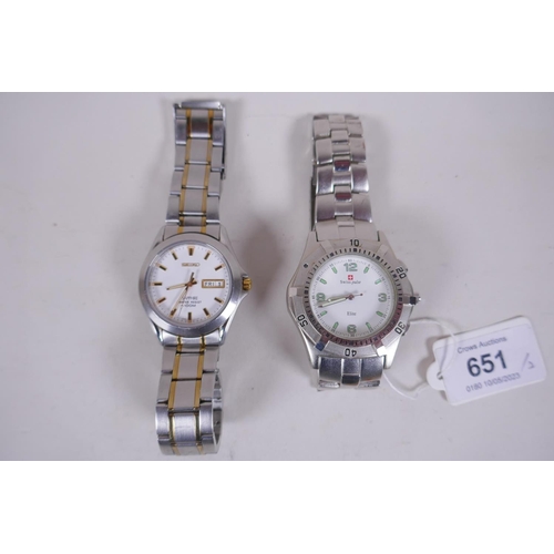 651 - A Seiko sapphire stainless steel gentleman's wristwatch, No 760997, and a Swiss Pulse Elite watch wi... 