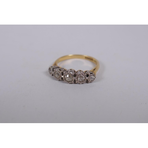 661 - An 18ct yellow gold ring set with five old cut diamonds, 0.3ct, 3.8g gross