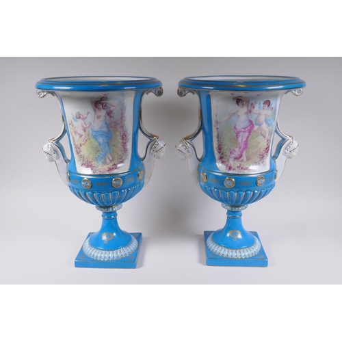 71 - A pair of Sevres style porcelain two handled urns with decorative panels depicting classical maidens... 