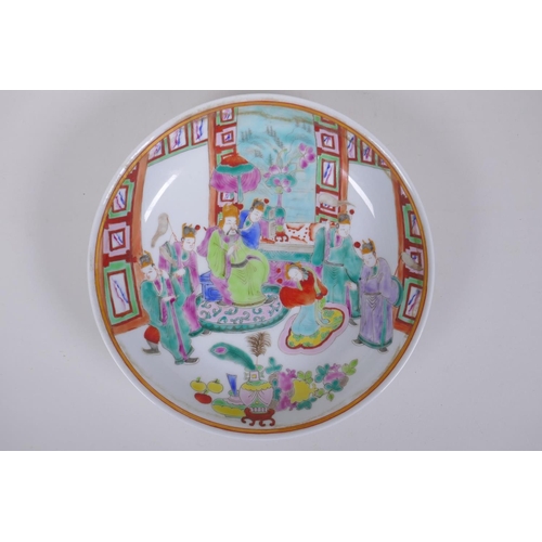 78 - A Canton famille rose porcelain cabinet dish decorated with an emperor and his attendants, Chinese 4... 