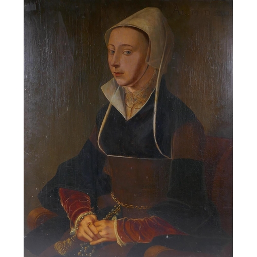 801 - A portrait of a lady in a black dress, bears date 1528, oil on oak panel with later cradle support, ... 