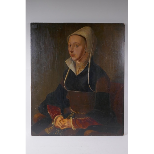 801 - A portrait of a lady in a black dress, bears date 1528, oil on oak panel with later cradle support, ... 