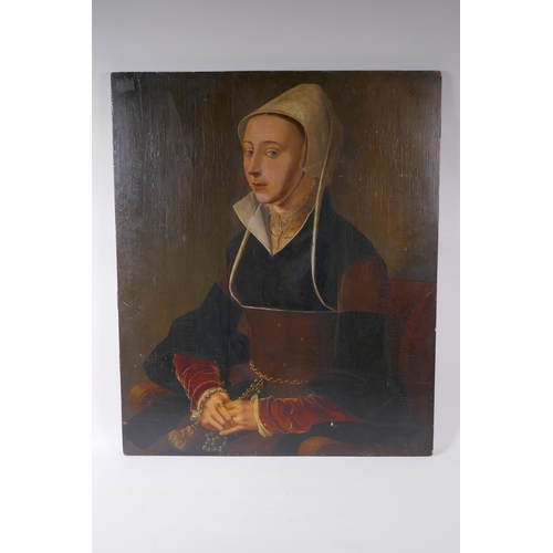 801 - A portrait of a lady in a black dress, bears date 1528, oil on oak panel with later cradle support, ... 